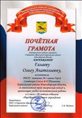 Почетная грамота руководителя МКУ  "	Управления образования Карасукского  района" за многолетний труд,творческий подход к организации учебно -воспитательной работы и в связи с 90 -летним юбилеем общеобразовательного учреждения. 2015год.